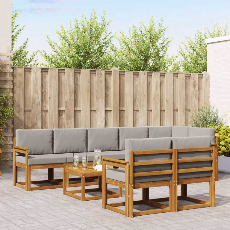 vidaXL Set di divani da esterno a L in legno di acacia con 9 pezzi, Grigio e Marrone