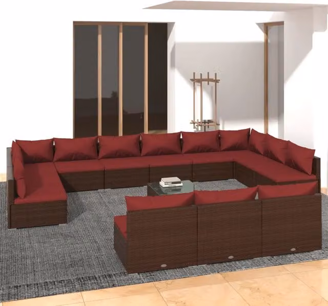 Set di divani da giardino a forma di U vidaXL con cuscini e tavolino da caffè, struttura in metallo e rattan marrone e rosso – 1