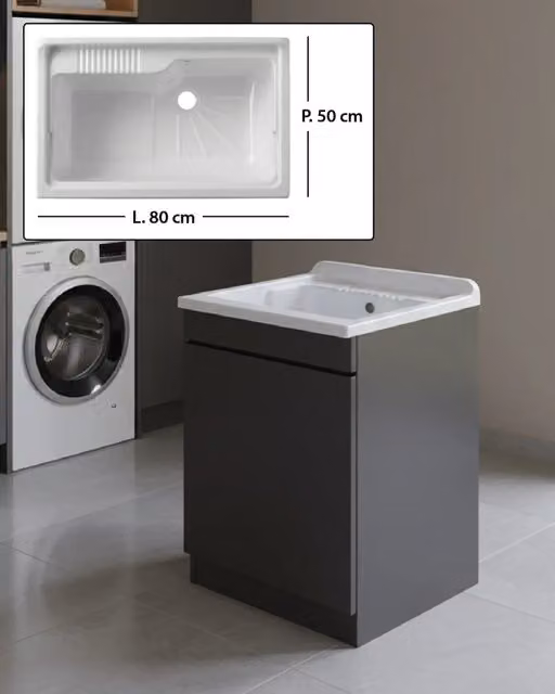 Mobile Lavatoio in legno Nobilitato Grigio con uno sportello e pilozzo lavabo in resina x lavanderia bagno Dimensioni (Larghezza x Profondità): L 80 x P 50 cm