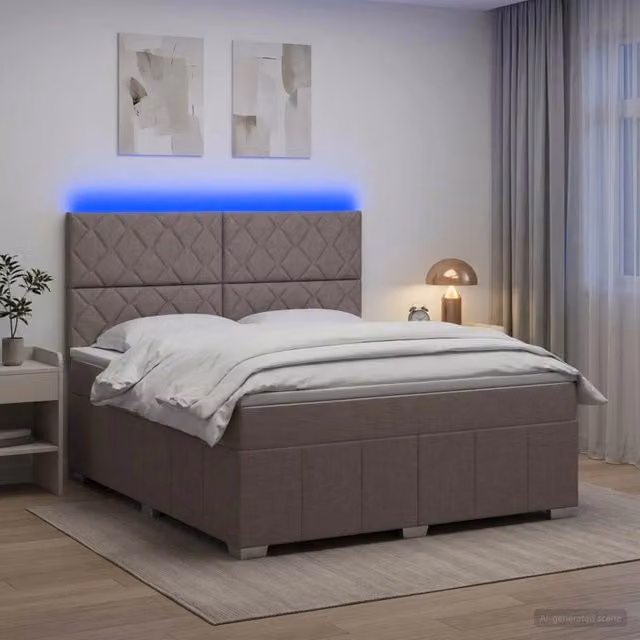 Letto Box Spring vidaXL con Materasso a Molle Pocket e Illuminazione LED, Colore Grigio/Beige, L/P/H: 140 x 200 x 144 cm – 1