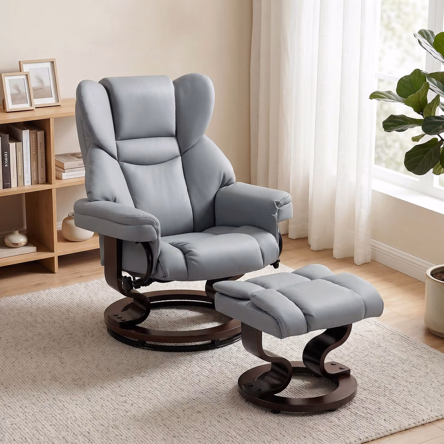 Poltrona Relax Girevole HOMCOM con Poggiapiedi Integrato, Schienale Alto in Ecopelle e Base in Legno, Grigio Chiaro – 2