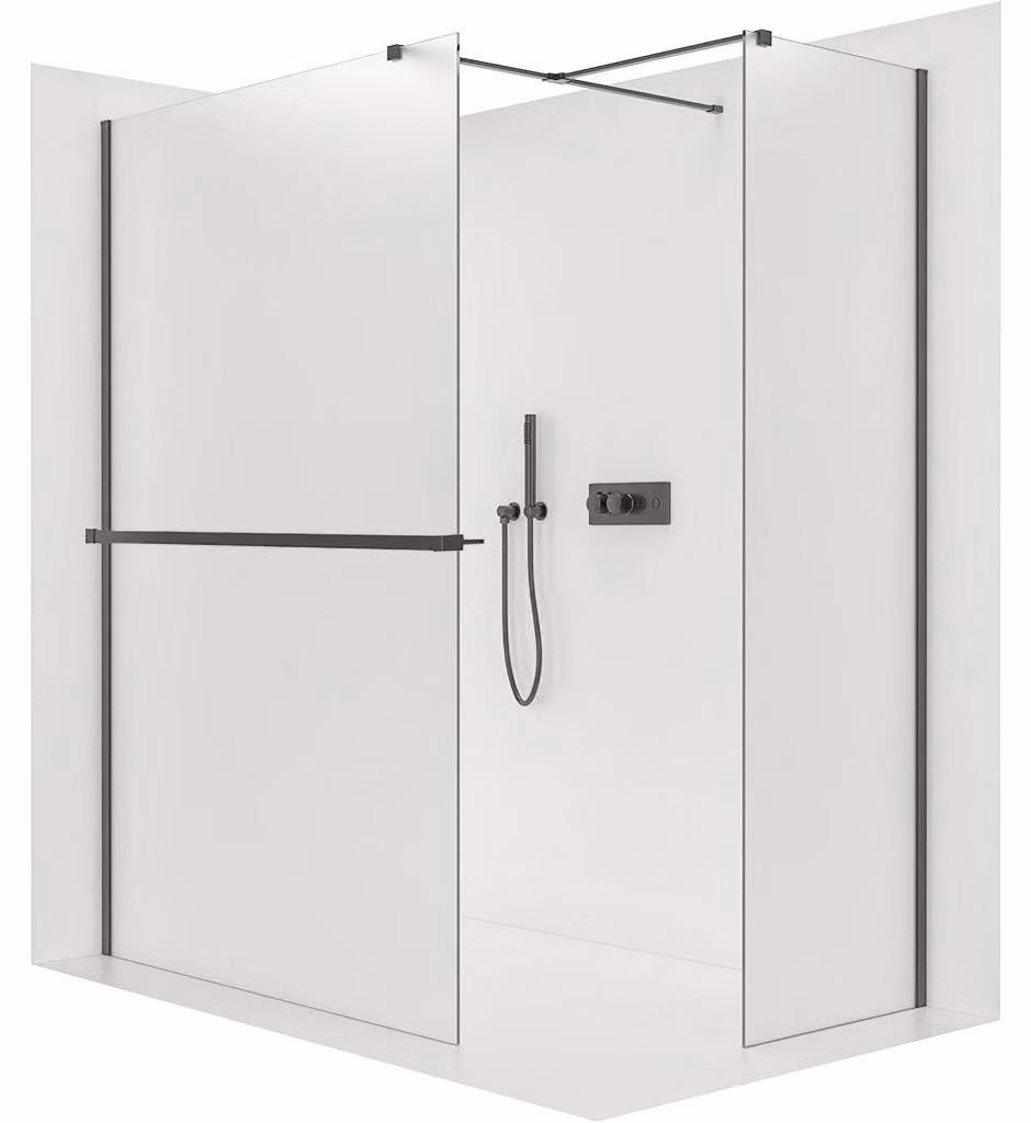 Pannello doccia angolare Walk-in Onyx T, destro/sinistro - 8 mm - profilo squadrato + ripiano/portasciugamani - nero opaco, vetro satinato - 100x90x200 cm