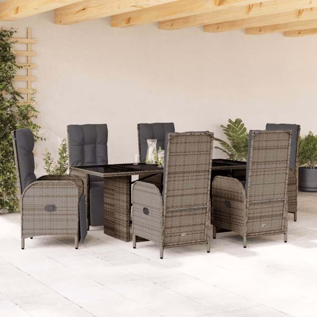 vidaXL Set da Pranzo da Giardino 7 pz in Polyrattan Grigio con Piano in Vetro