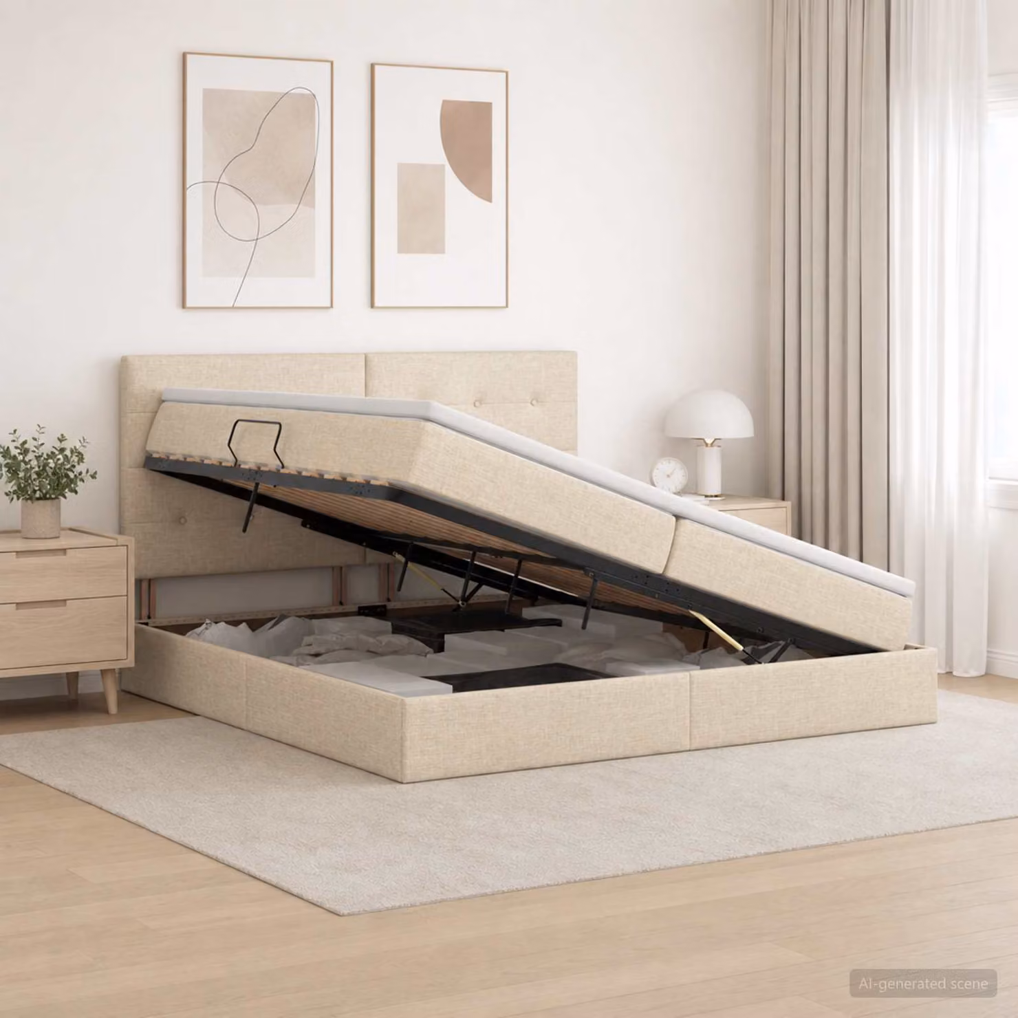 Letto con contenitore e materasso vidaXL in tessuto beige L 200 x P 200 x H 140 cm
