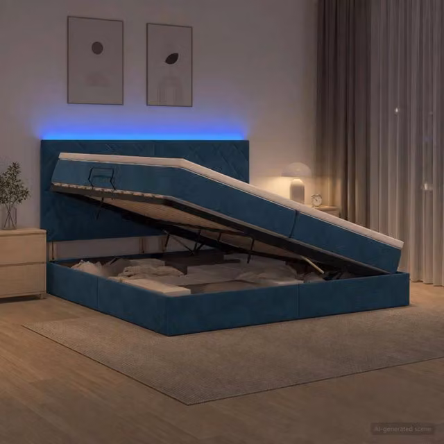 Letto con contenitore vidaXL in velluto blu con illuminazione LED e porta USB, L/P/H: 200 x 200 x 140 cm