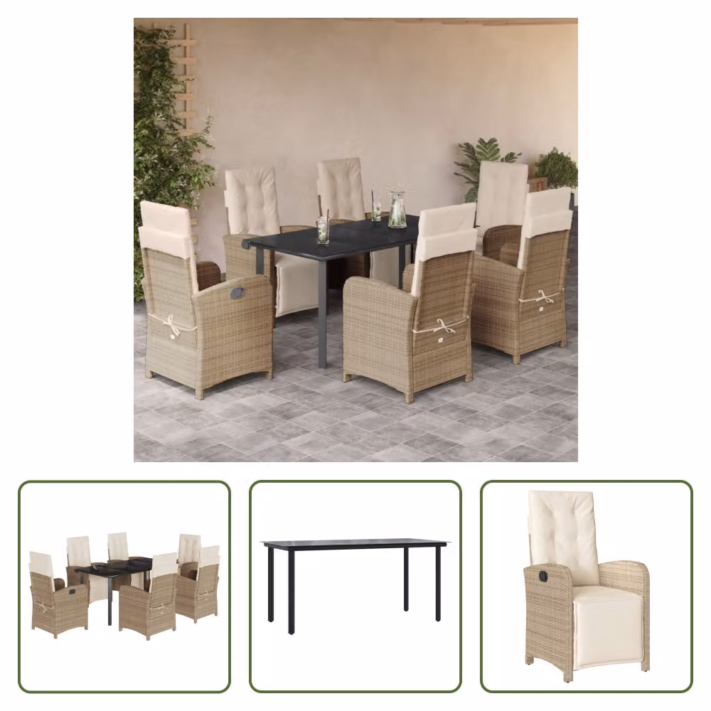 The Living Store Set da pranzo da giardino 7 pezzi con cuscini Beige poly rattan
