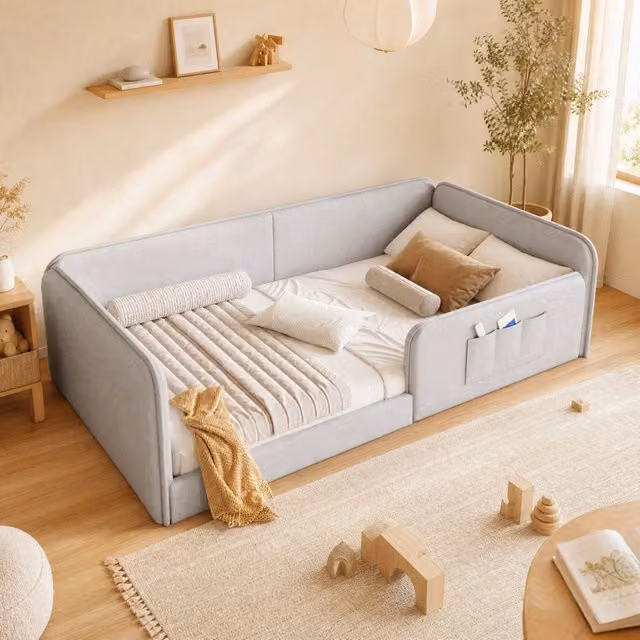 Letto imbottito REDOM in tessuto beige con tasche laterali L/P/H: 90 x 200 cm
