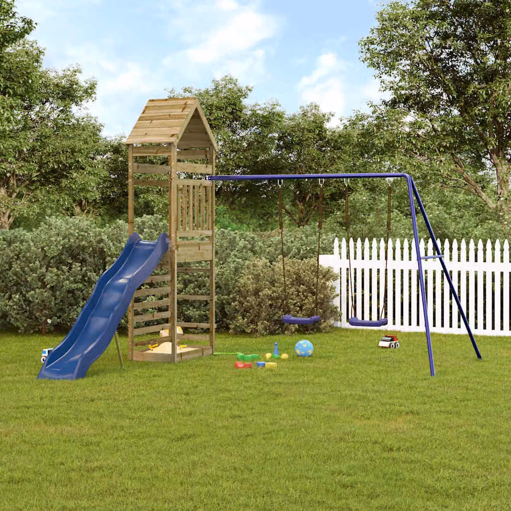 vidaXL Set da Gioco da Esterno in Legno di Pino con Scivolo, Altalena, Sabbiera e Tenda Multicolore