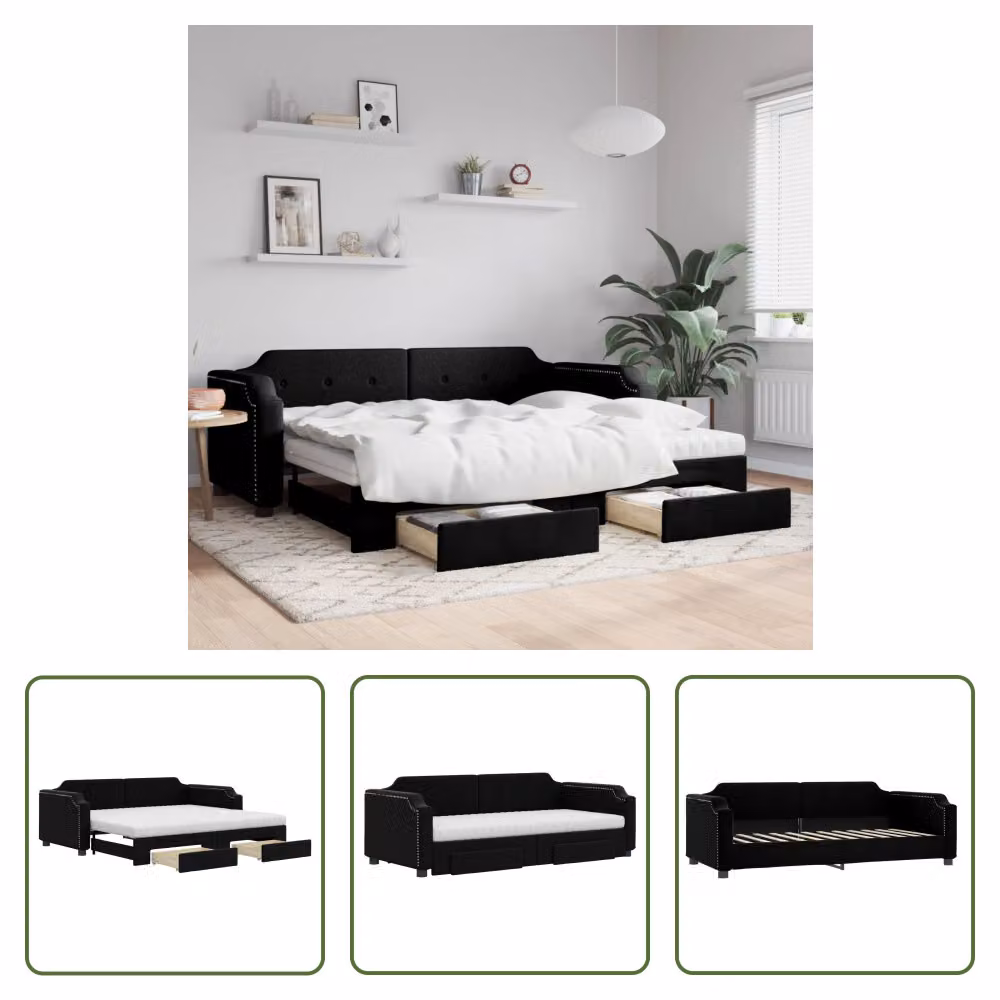 The Living Store Letto da giorno allungabile con cassetti nero 100x200 cm in tessuto