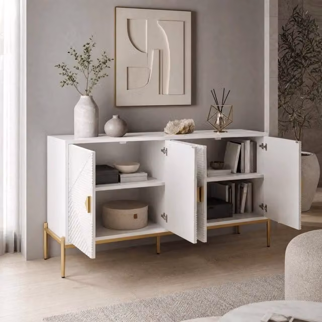 Sideboard moderno 162 x 40 x 80 cm bianco con ante geometriche e gambe in metallo