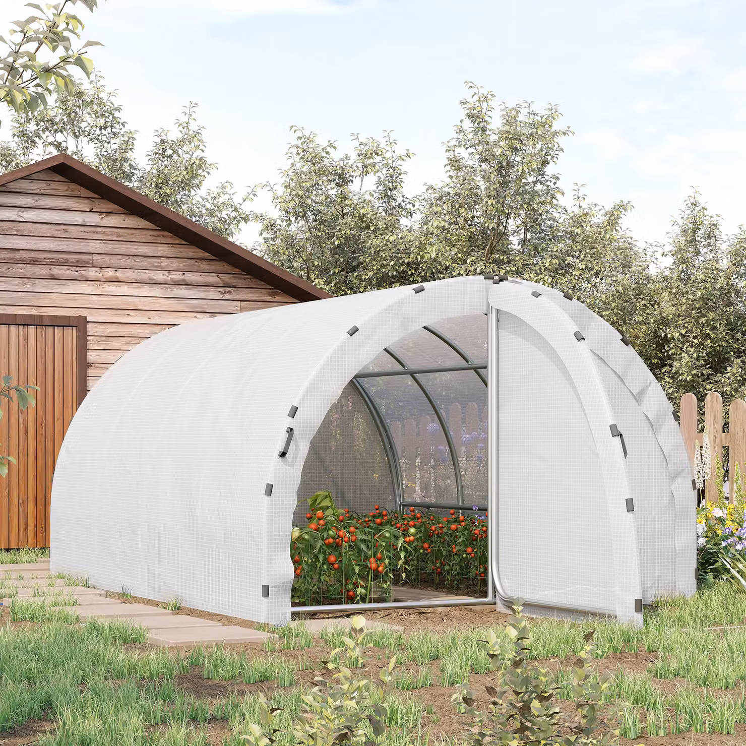 Outsunny Serra da Giardino a Tunnel per Superficie Terra, L: 4 m, P: 3 m, H: 2 m, Struttura Tubolare Rinforzata da 25 mm con Doppia Porta, Bianco – 2