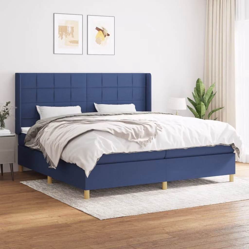 The Living Store Letto a molle con materasso blu 200x200 cm in tessuto