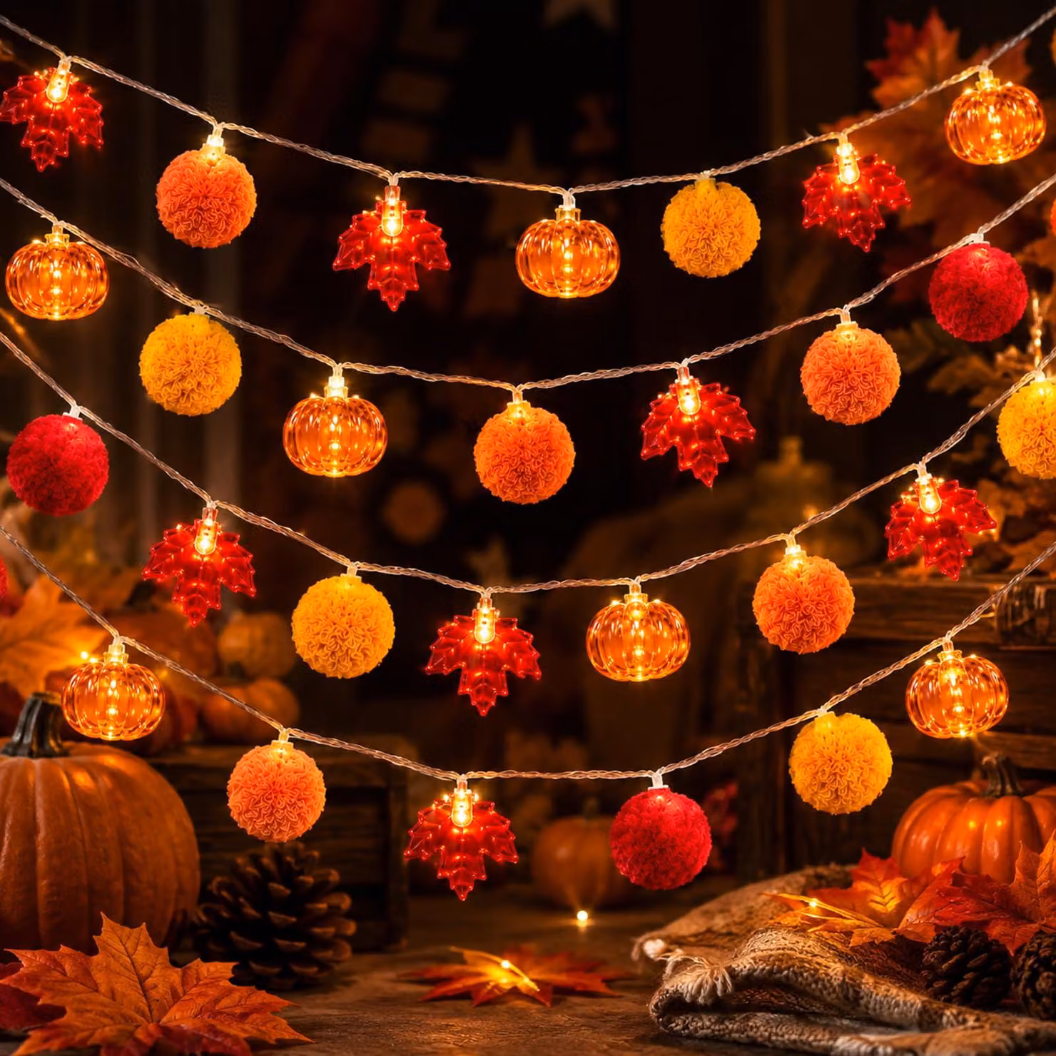 Decorazioni autunnali: catena luminosa, zucche, foglie d'acero. Confezione da 1 pezzo