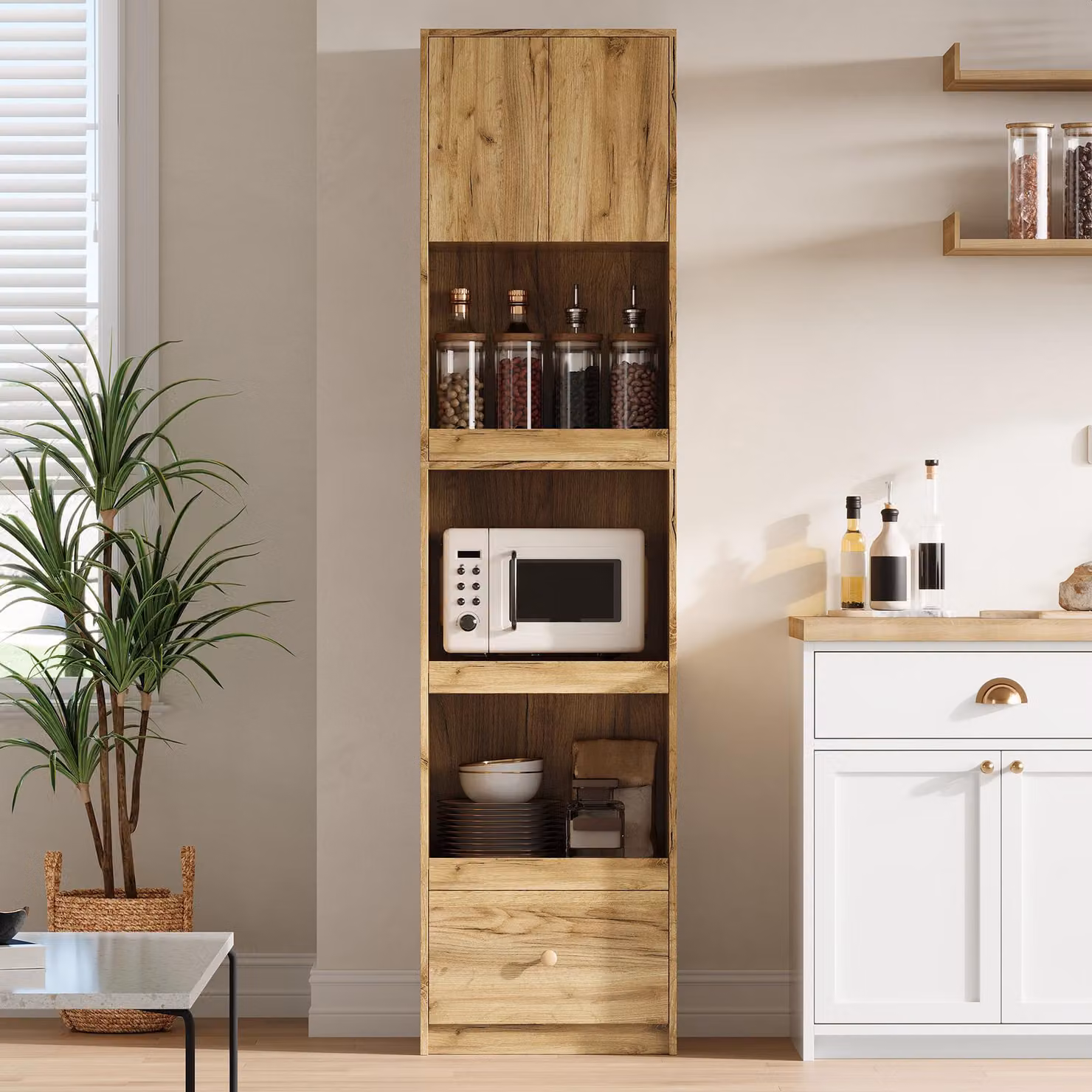 MODFU, mobiletto alto 50 x 45 x 200 cm, armadio contenitore per la cucina con 3 organizer interni e un cassetto, mobile buffet con ripiani regolabili, finitura effetto legno di quercia