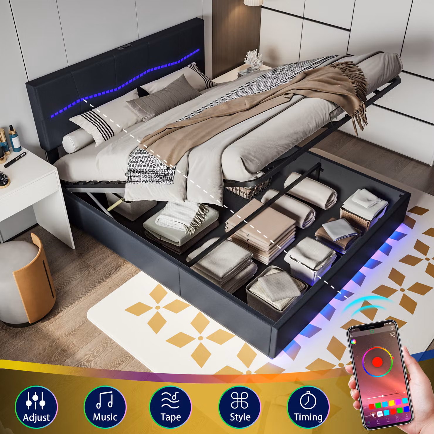 Letto imbottito ProximaX 160x200cm, letto matrimoniale per ragazzi con interfaccia di ricarica USB e tipo C, illuminazione LED, rete a doghe e giroletto in nero