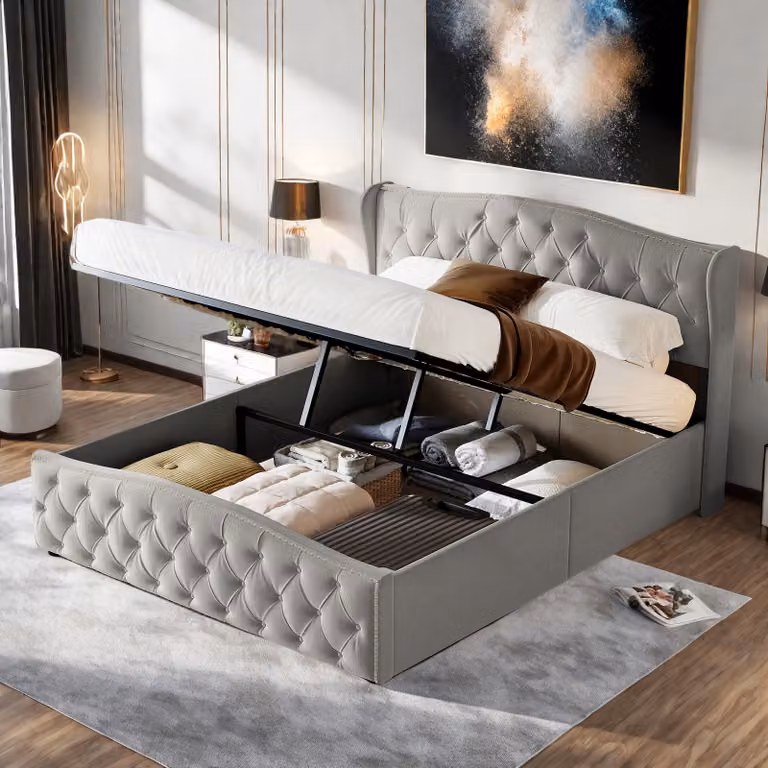 Letto matrimoniale imbottito 160x200cm Letto a molle insacchettate Letto in legno massiccio con rete a doghe e contenitore, letto funzionale letto contenitore in velluto, grigio