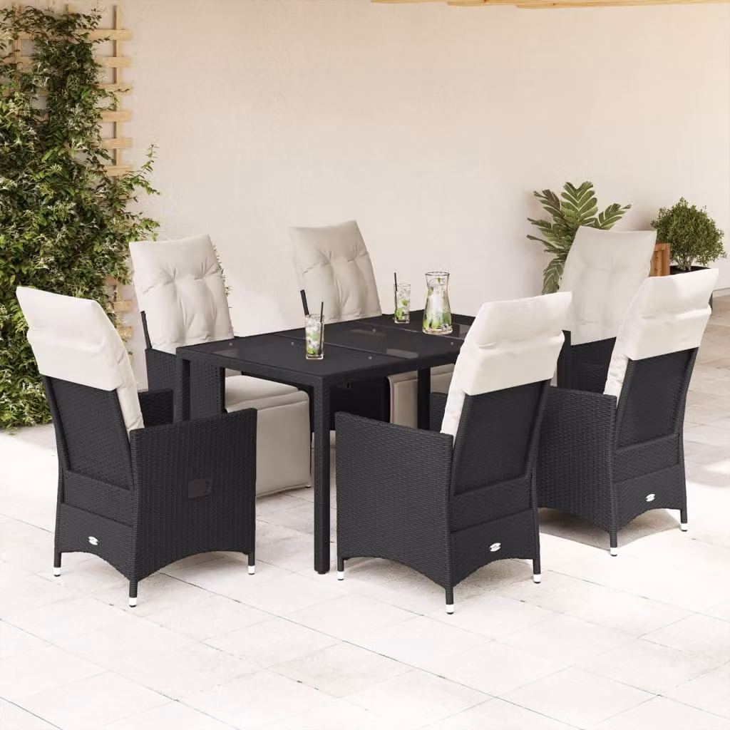 Set da Pranzo da Giardino vidaXL 7 pz in Polyrattan Nero con Cuscini e Tavolo in Vetro – 1