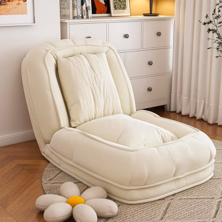 Divano letto pieghevole AIORBER, poltrona da pavimento ergonomica, chaise longue reclinabile pieghevole con 5 posizioni e 2 cuscini, ideale per soggiorno o camera da letto, colore crema