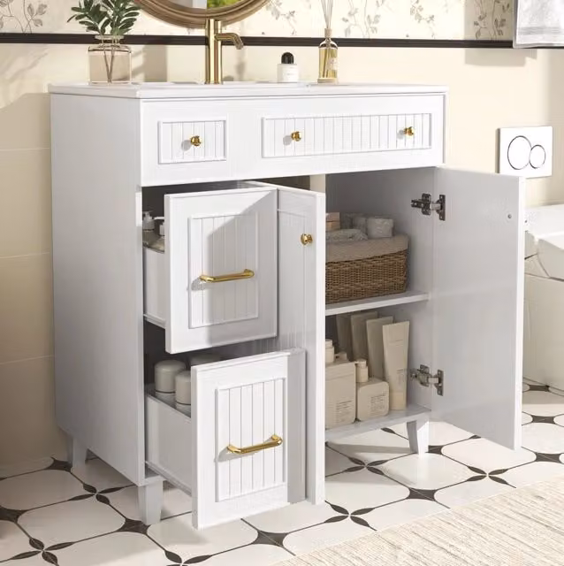 Mobile bagno freestanding con lavabo in ceramica, MDF laccato, bianco