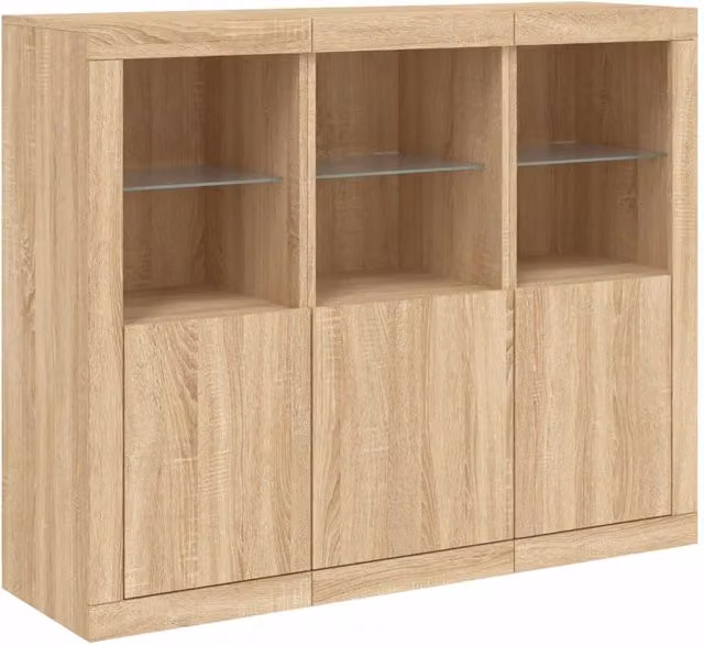 Set di 3 mobili contenitori moderni per cucina e soggiorno con luci a LED in legno ingegnerizzato color marrone Sonoma e beige
