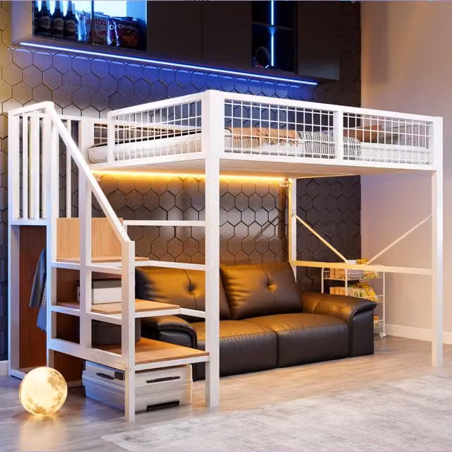 Letto a soppalco 140 × 200 cm 2 posti con LED e scala contenitore, senza materasso, in metallo e legno, bianco