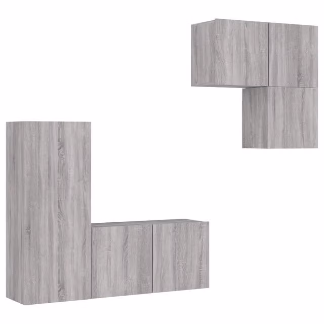 Set di 4 Mobili TV da Parete Moderni in Legno Multistrato Grigio Sonoma con Compartimenti Media