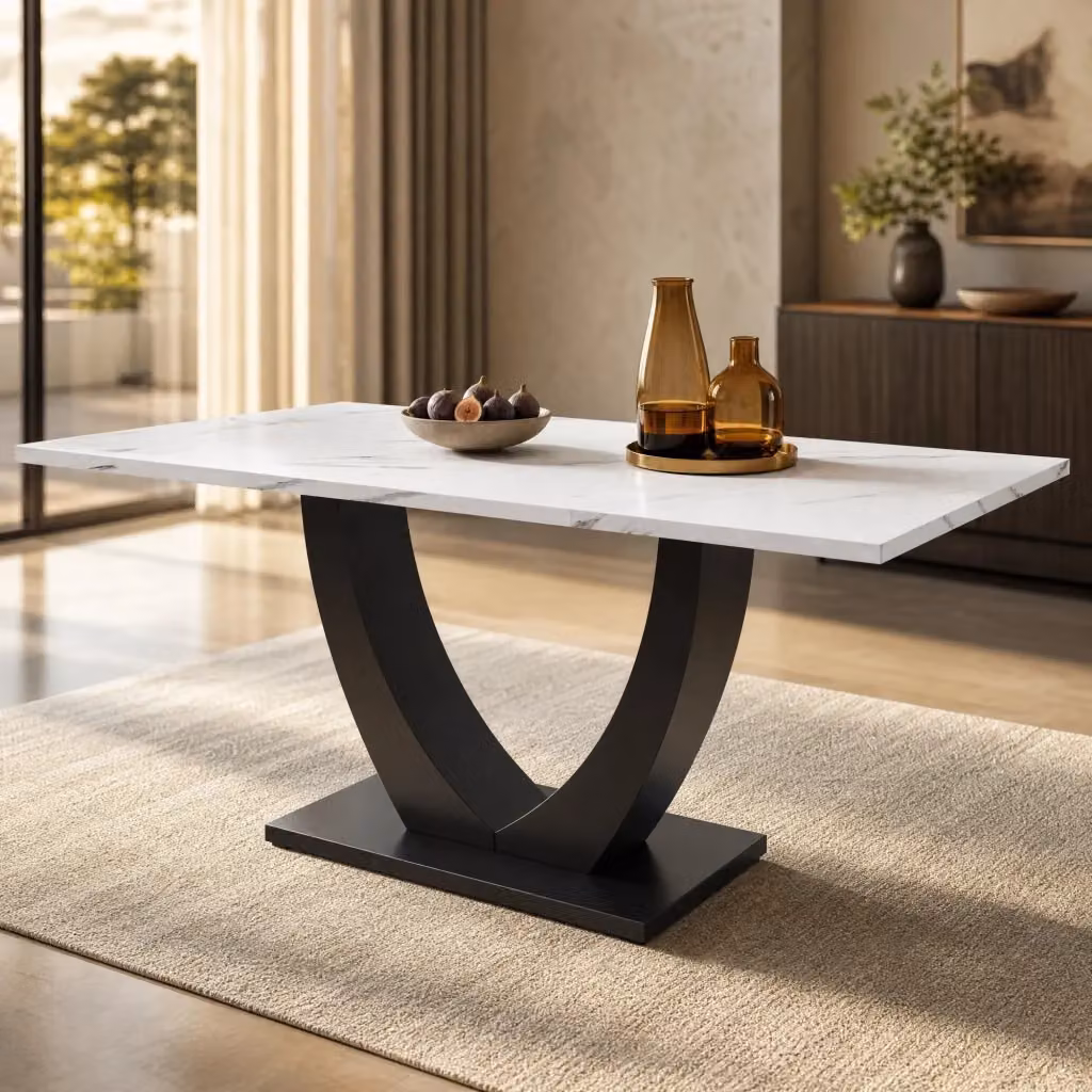 Tavolo da pranzo moderno REDOM con effetto marmo bianco e nero in MDF e metallo L: 140 cm, P: 75,5 cm – 2