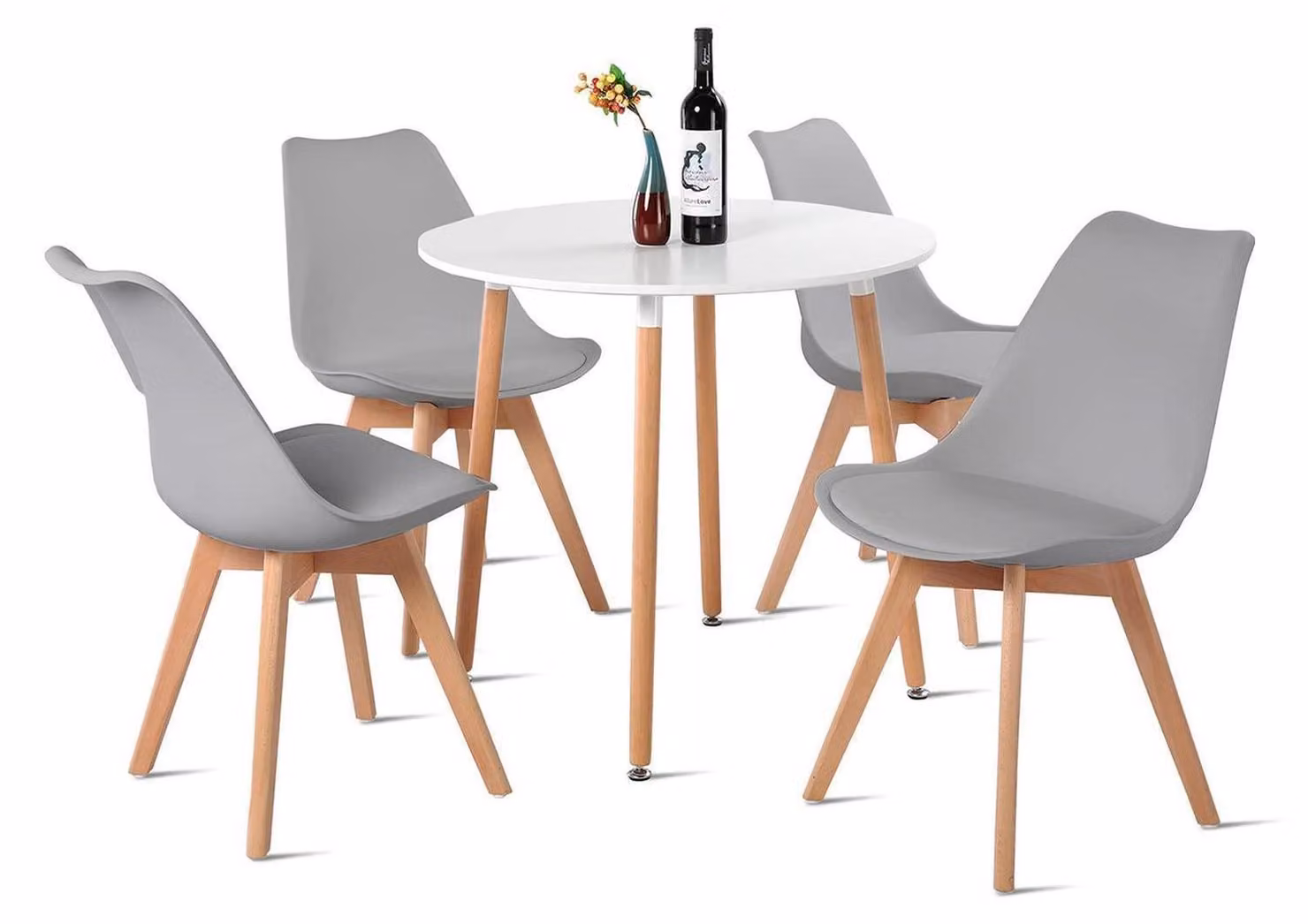 Tavolo da pranzo rotondo in legno, stile scandinavo, bianco e grigio, con 4 sedie