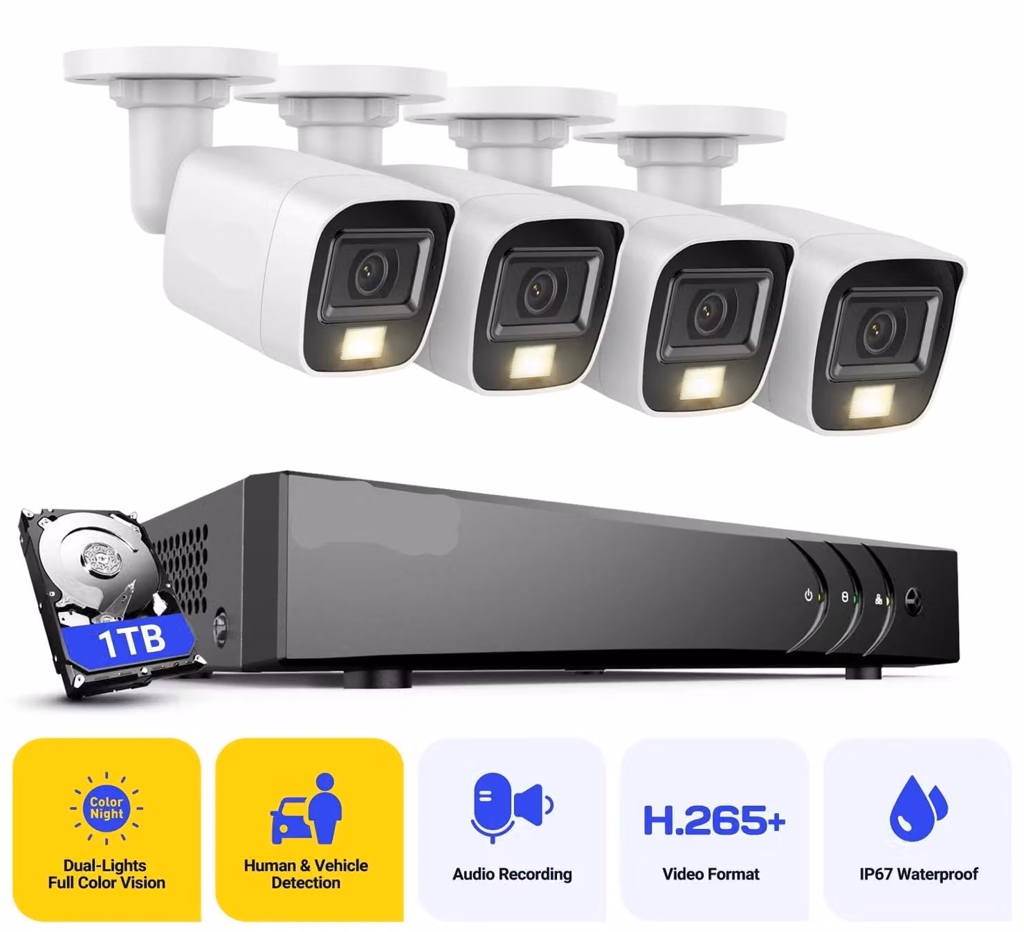 Telecamere di sicurezza - Sistema di videosorveglianza impermeabile - 5MP - DVR a 8 canali e hard disk da 2TB - 4 telecamere bullet