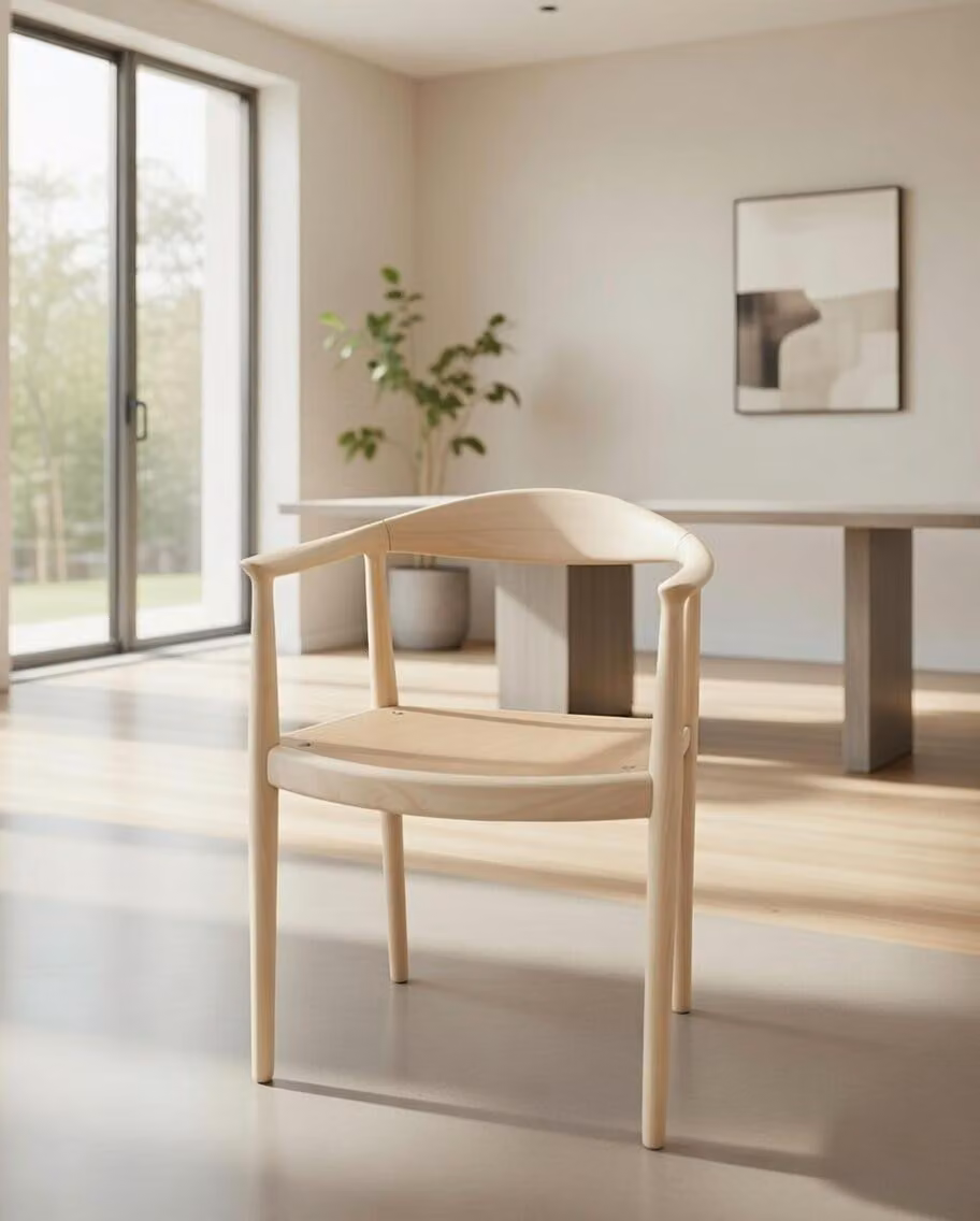 Poltrona robusta con braccioli ergonomici, colore beige, struttura in legno