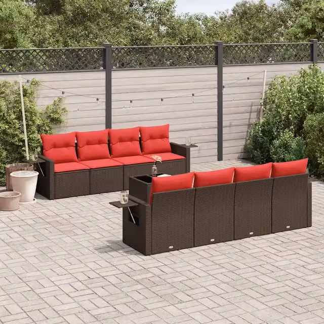 Set Divani da Giardino 9 pz con Cuscini Marrone in Polyrattan 3219953
