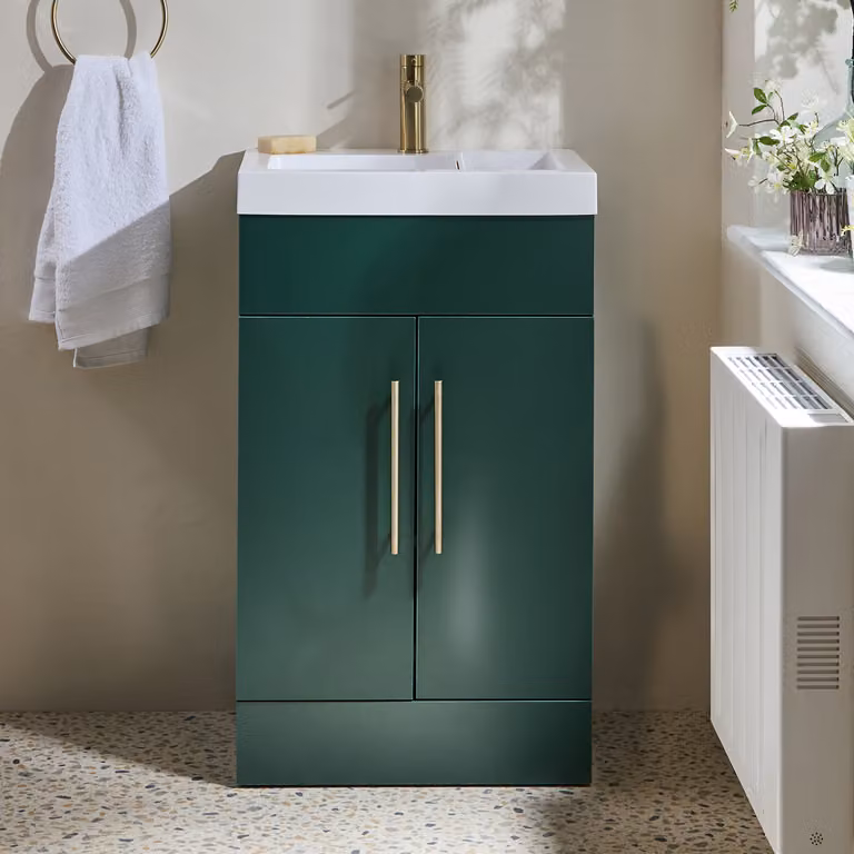 Mobile Bagno a Terra Verde Scuro da 500mm con Lavabo e Maniglie con Barra a T in Oro Satinato - Cluo