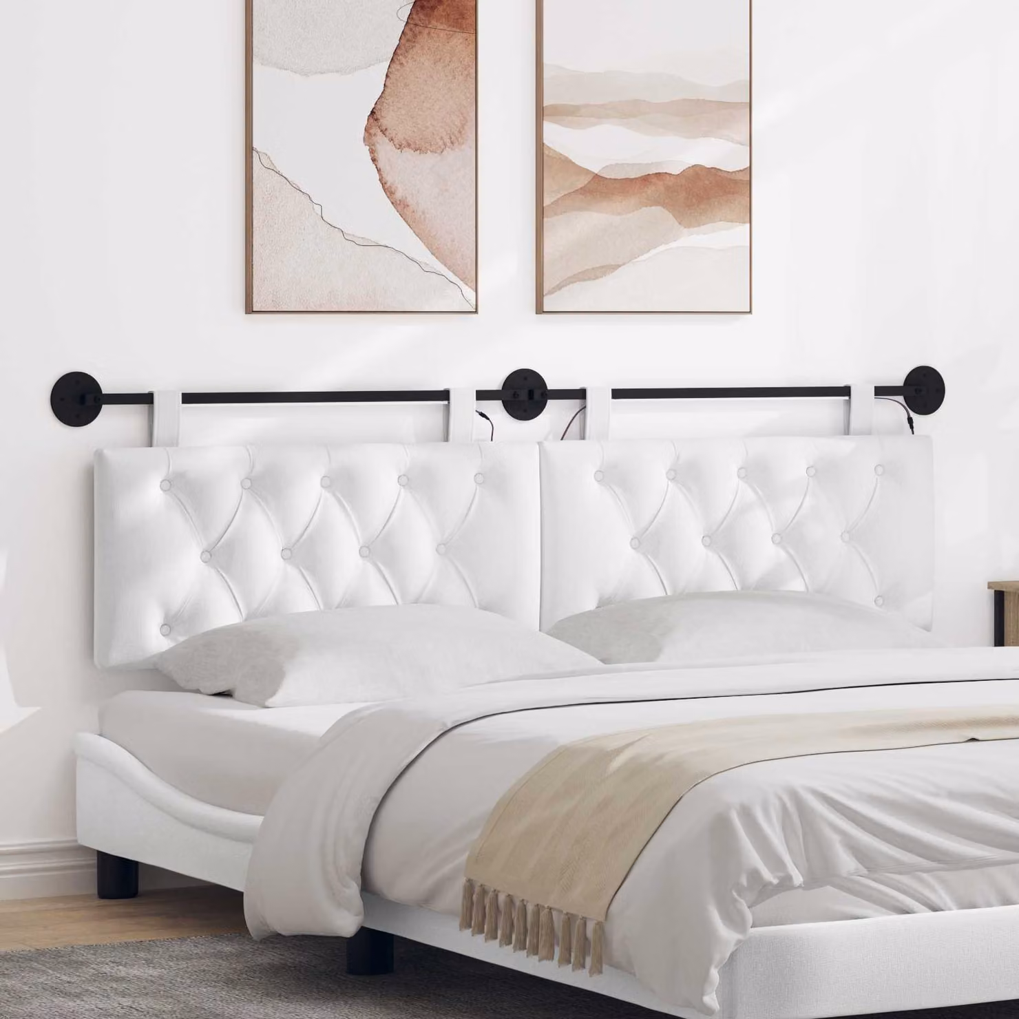 Testiera per letto sospesa vidaXL con luce LED integrata in tessuto bianco
