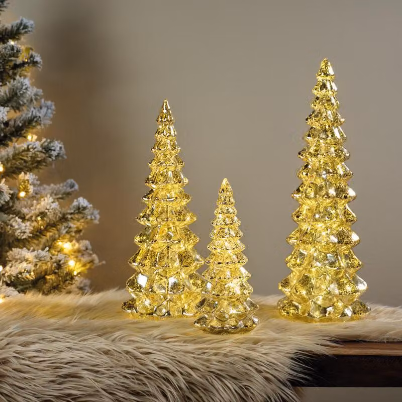 Alberi di Natale in vetro con luci LED – Set da 3