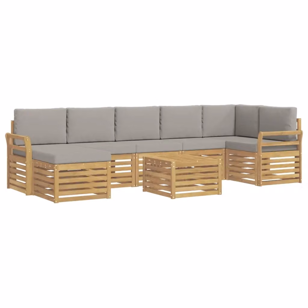 Set di divani da esterno a L vidaXL in legno di acacia con 8 pezzi, bianco e grigio, comprensivo di pouf, tavolino e cuscini – 2