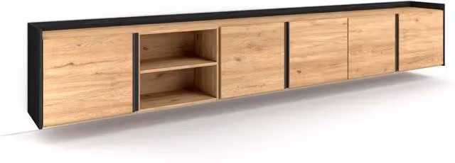 Mobile TV Soggiorno, 309x50x35 cm, Per TV fino a 80", Sospeso, da appendere, Rovere e nero