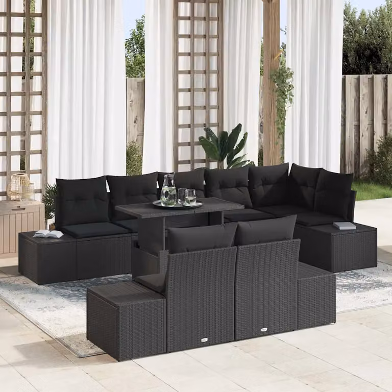 Set Divano da Giardino a L vidaXL in Polyrattan Nero con Cuscini e Tavolino da Esterno