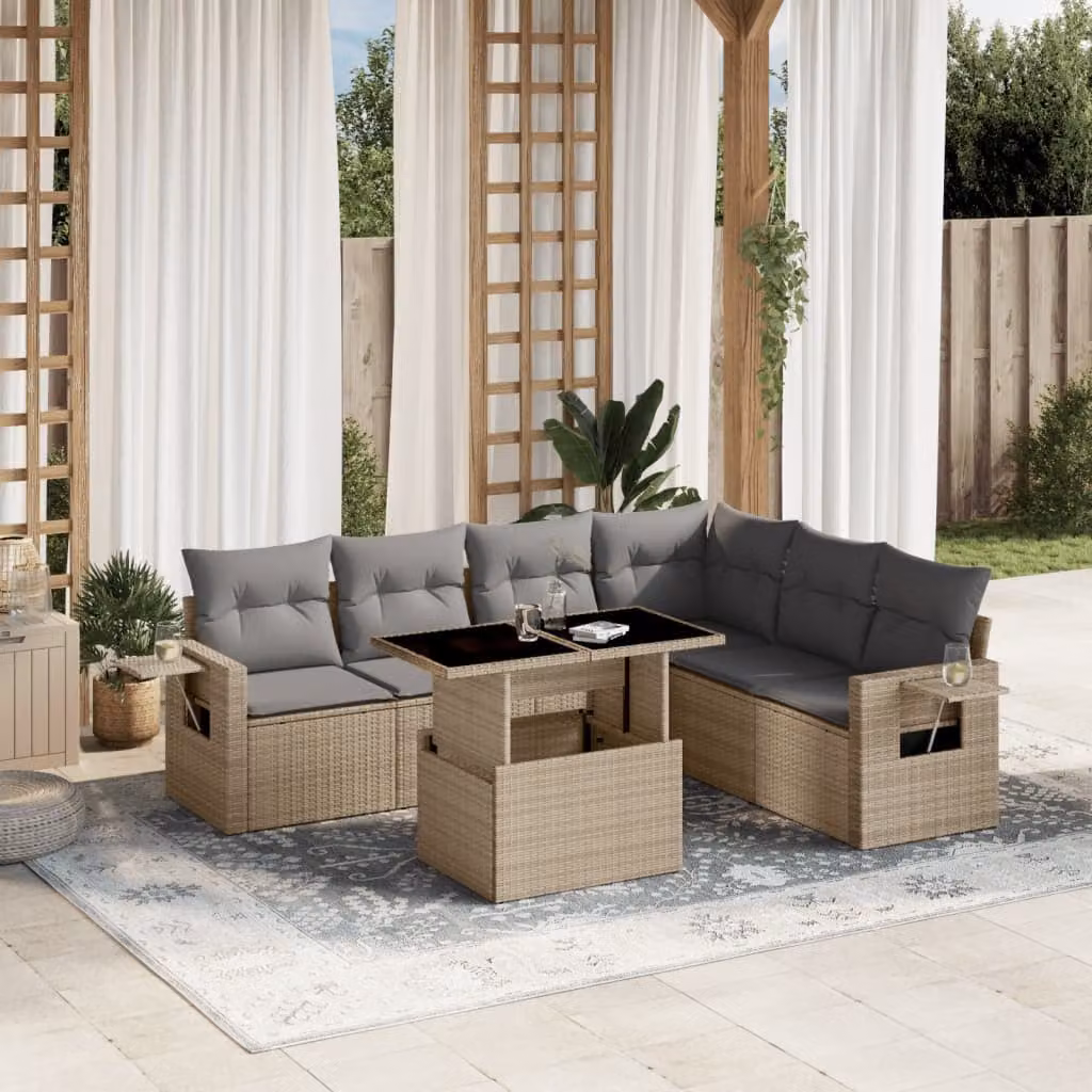Set di divani da giardino vidaXL in polyrattan beige con cuscini e tavolino da esterno a forma di L – 1