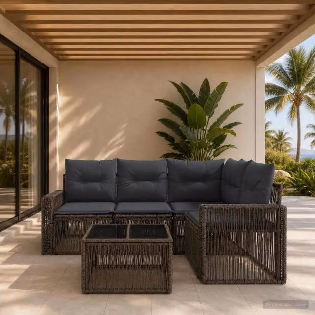 Set Divano da Giardino 5 Pezzi vidaXL in Polyrattan Grigio e Antracite con Tavolino e Cuscini – 1