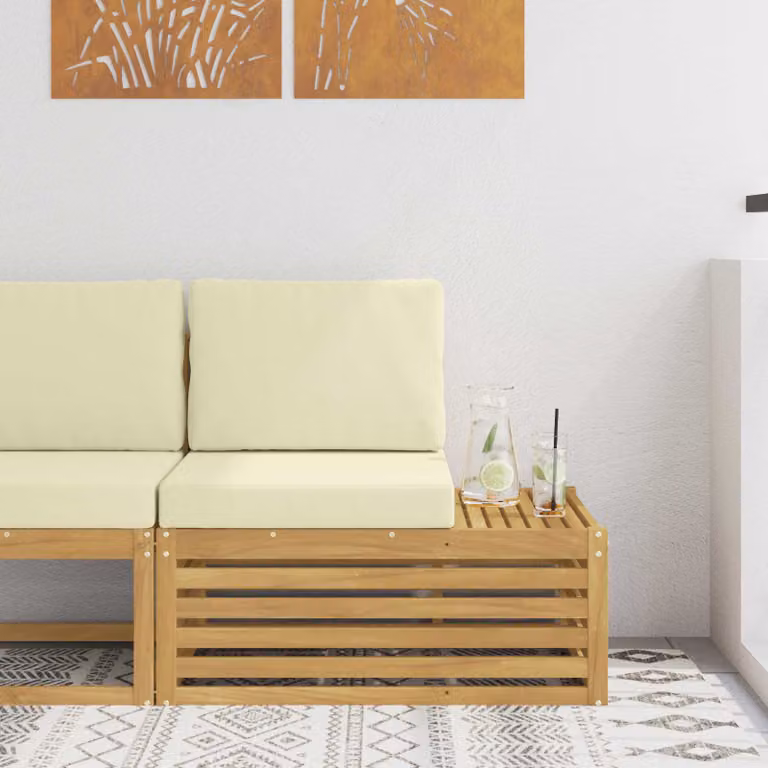 vidaXL Divano Sezionale da Esterno Moderno in Legno di Acacia con Cuscini, Bianco, Beige e Marrone, L/P/H: 91 x 73 x 63 cm