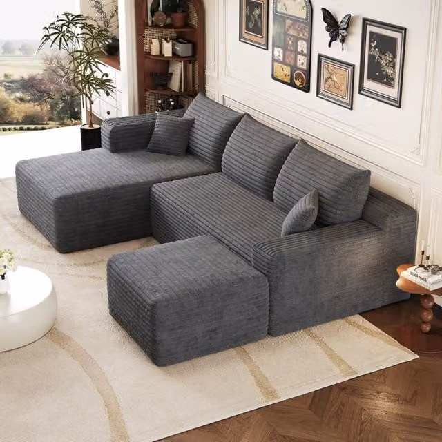 Divano angolare modulare 241x151x58 cm; divano effetto nuvola con seduta profonda; stile minimalista; consegnato montato; velluto a coste; grigio
