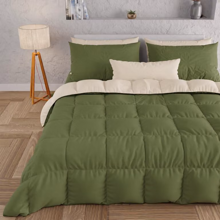 Coperta invernale per letto, dimensioni 240x260 cm, per 2 persone, colore verde oliva e crema, in microfibra, 300 g/m²