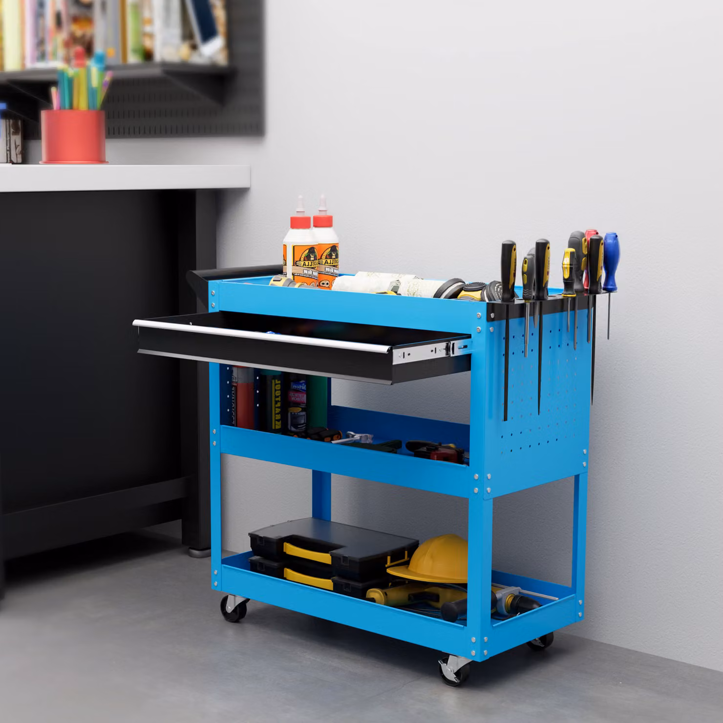 Carrello porta attrezzi DURHAND in acciaio con manico laterale, cassetto e 3 ripiani, Blu, L 82 cm x P 35 cm x H 76 cm – 2