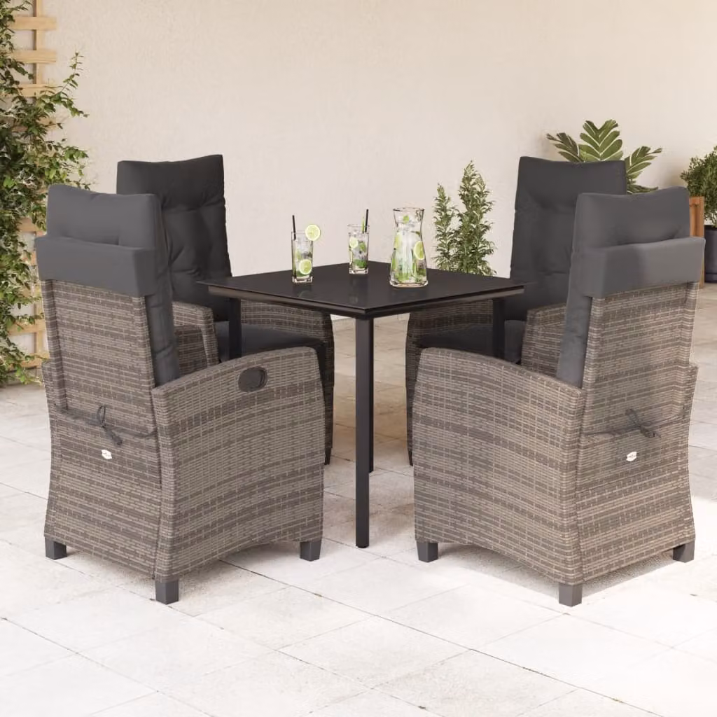Set da Pranzo da Giardino vidaXL in Polyrattan e Vetro Grigio con 5 Pezzi e Cuscini