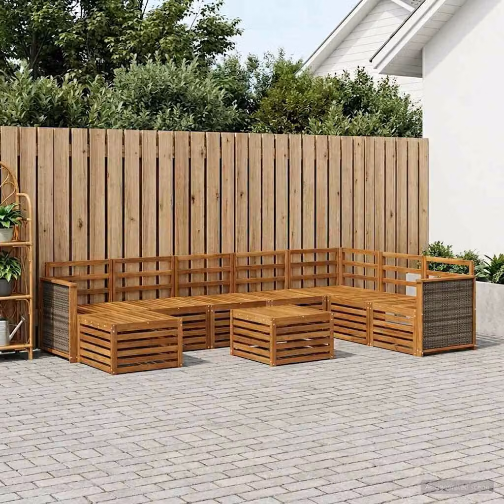 Set di divani da esterno vidaXL 9 pz in legno di acacia massello marrone con cuscini inclusi