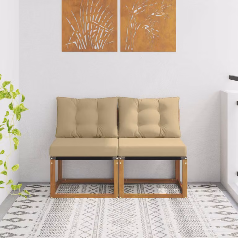 Set di 2 divani centrali da esterno vidaXL in legno di acacia color beige e marrone con seduta imbottita in schiuma e struttura in legno massiccio per giardino e terrazzo