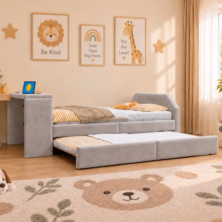 Letto imbottito Flieks 90 x 200 cm con scrivania, letto singolo con letto estraibile per ospiti, lettino per bambini con porta USB, colore grigio, tessuto velluto, legno e metallo