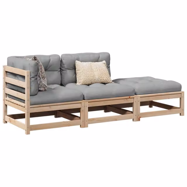 Set di divani da giardino a L vidaXL in legno di pino con cuscini grigi