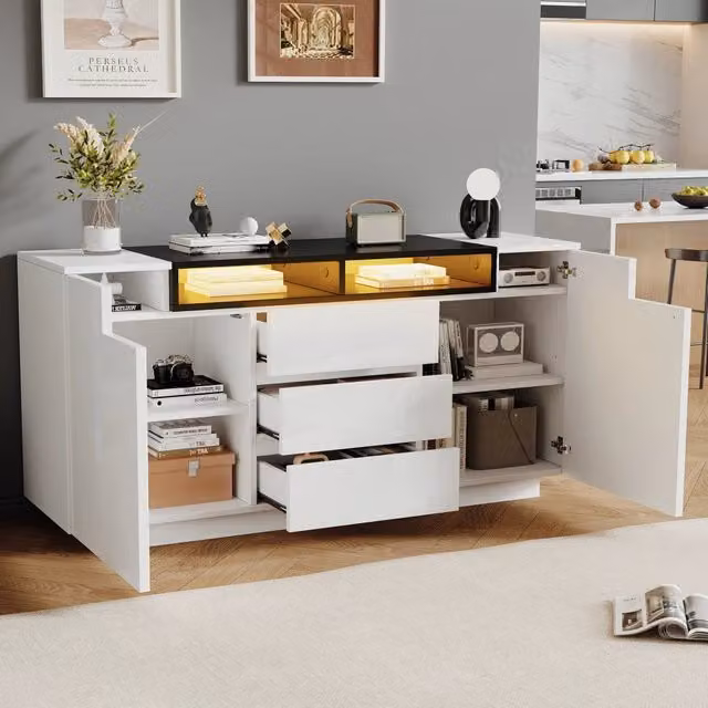 Madia da soggiorno con 2 ante a L e 3 cassetti LED in truciolare bianco e nero 140 × 40 × 68 cm