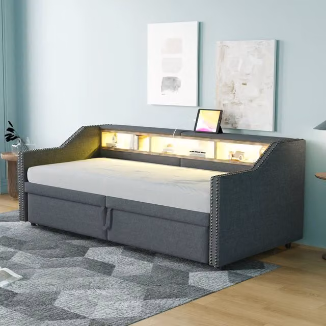 Divano letto estraibile Mivray con secondo letto, illuminazione LED e porta USB, rivestito in lino grigio scuro, L/P/H: 90 x 200 cm – 1